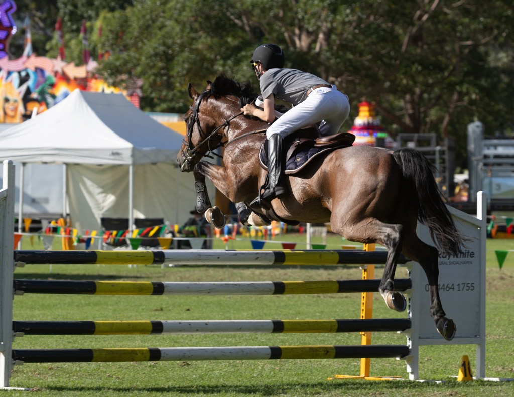 A horse and rider over the final fence