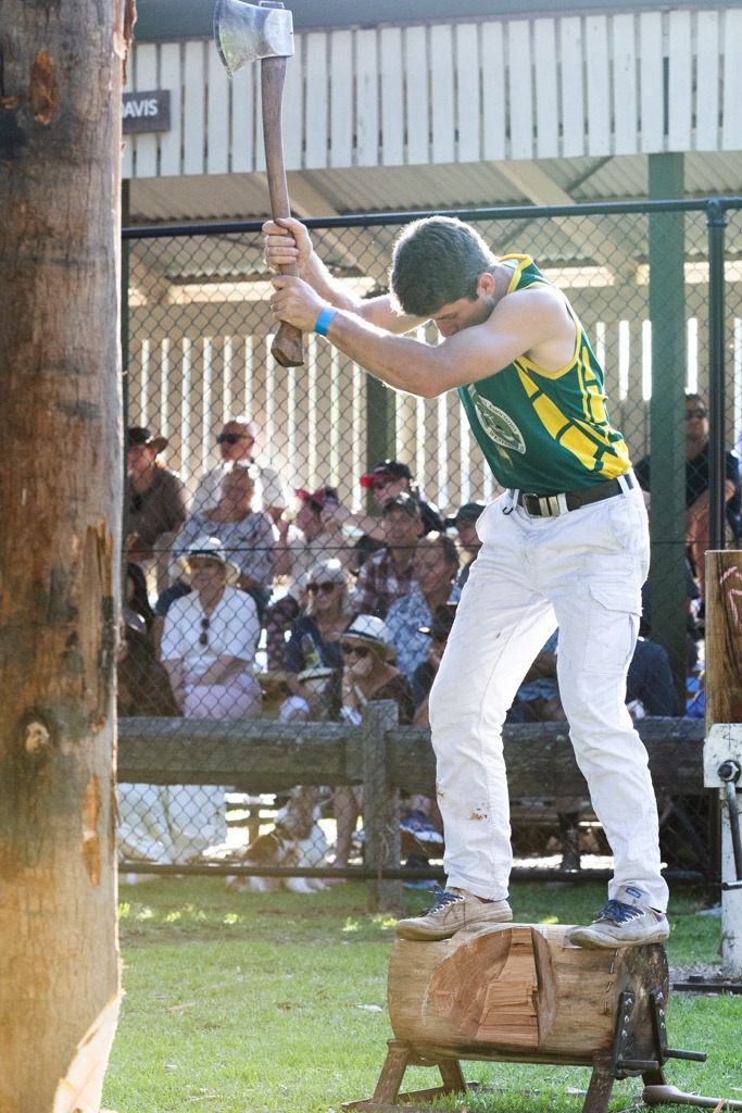 A young axeman in a green singlet chopping