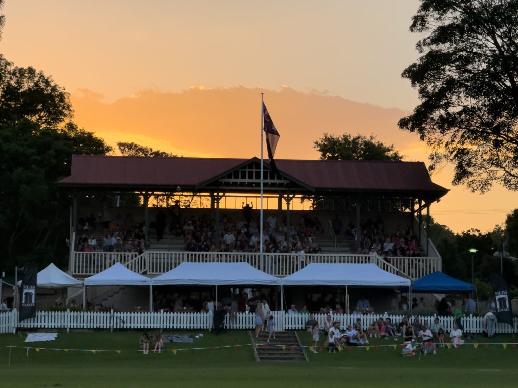 The grandstand at sunset