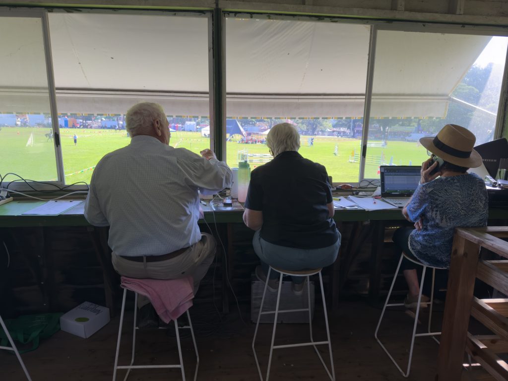 Announcers in the box overlooking the arena