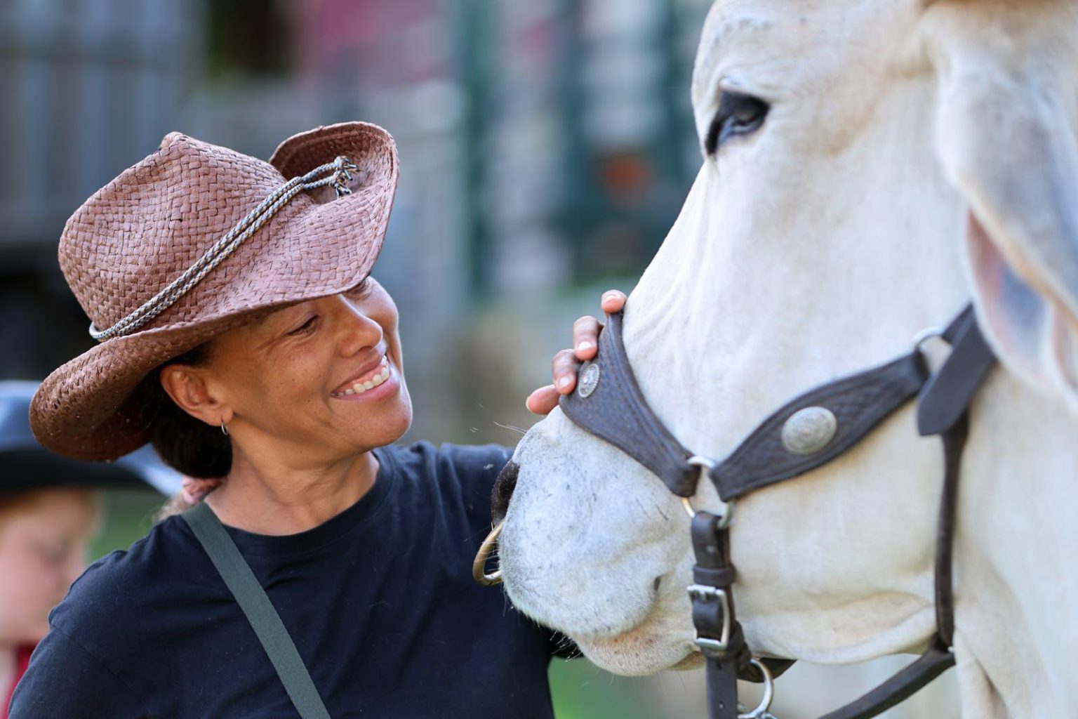 A woman in a pink hat smiling at a white Brahman bullock