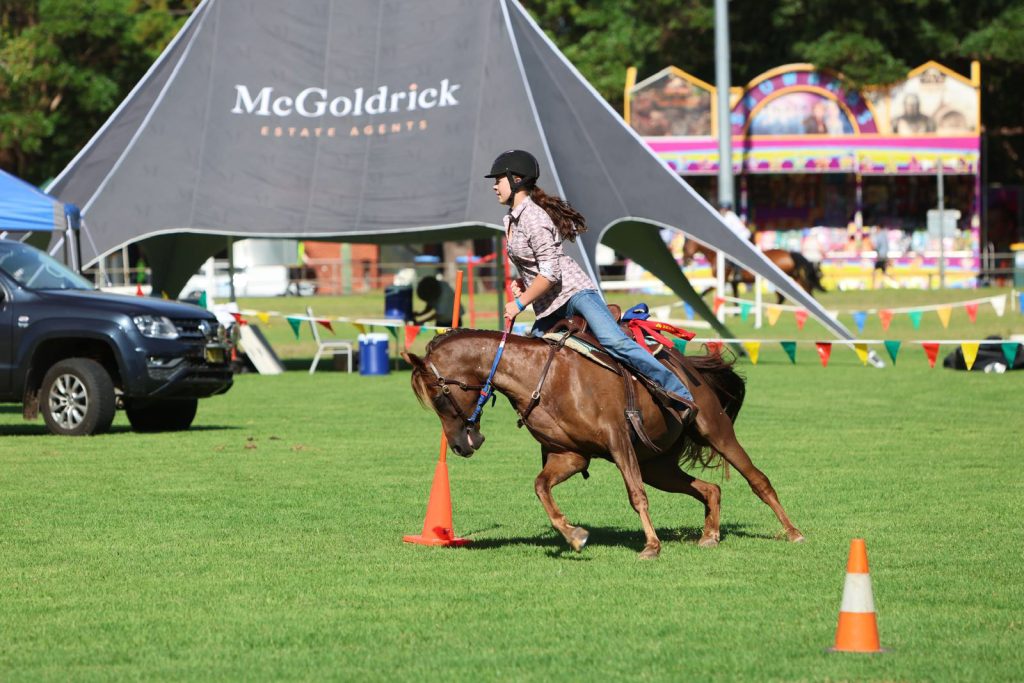 A rider turning a horse around the cones beside the McGoldrick marquee