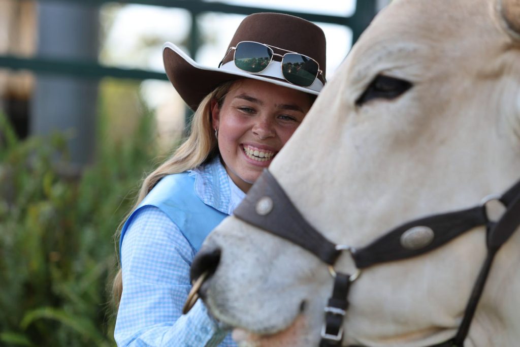 A girl in a cowboy hat with a white Brahman bullock