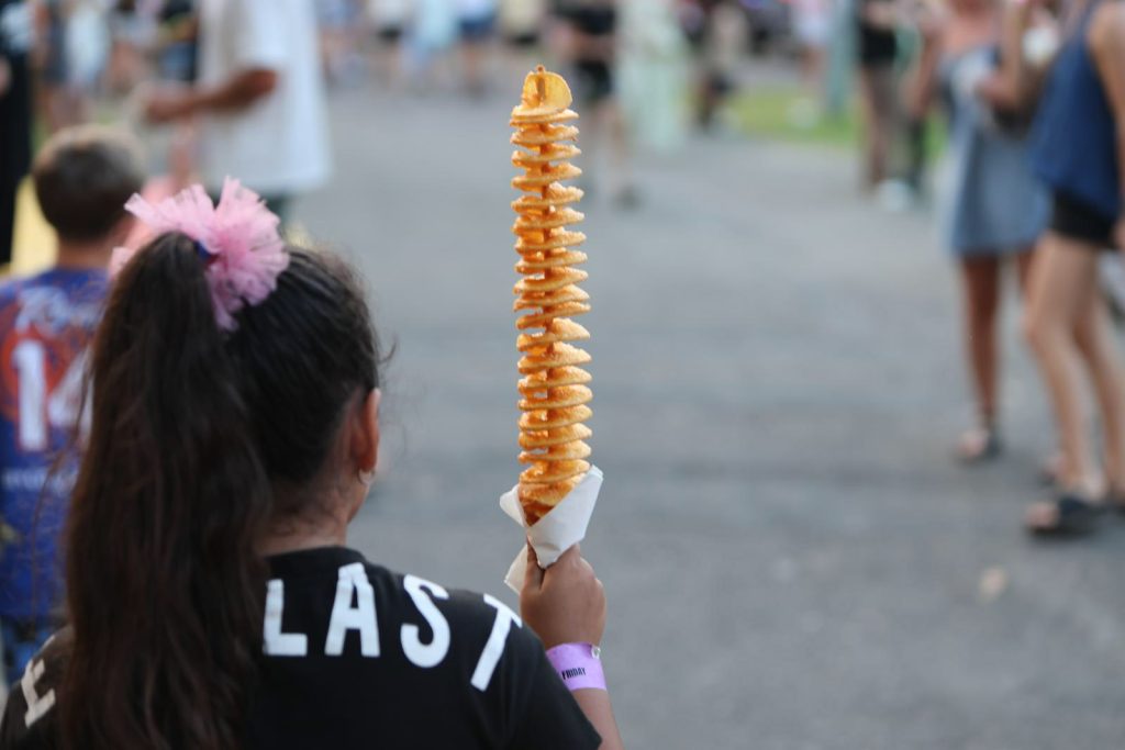 A girl holding a spiral potato on a stick