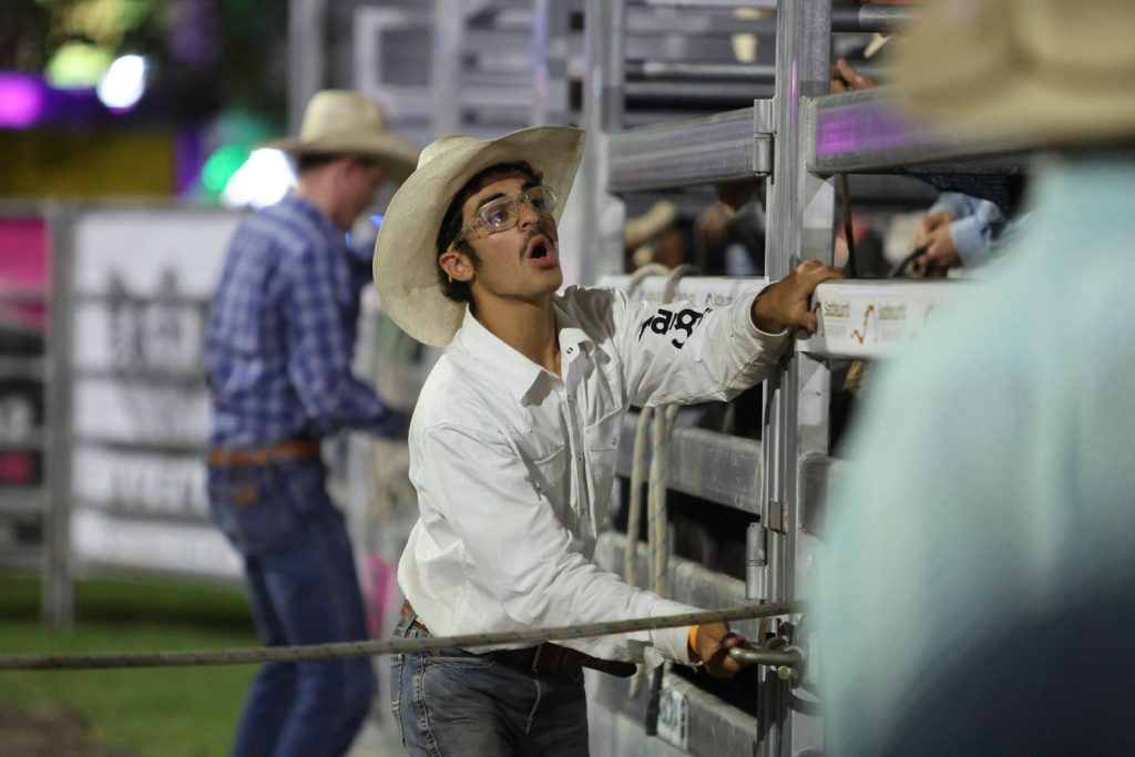 A cowboy calling out from the chutes