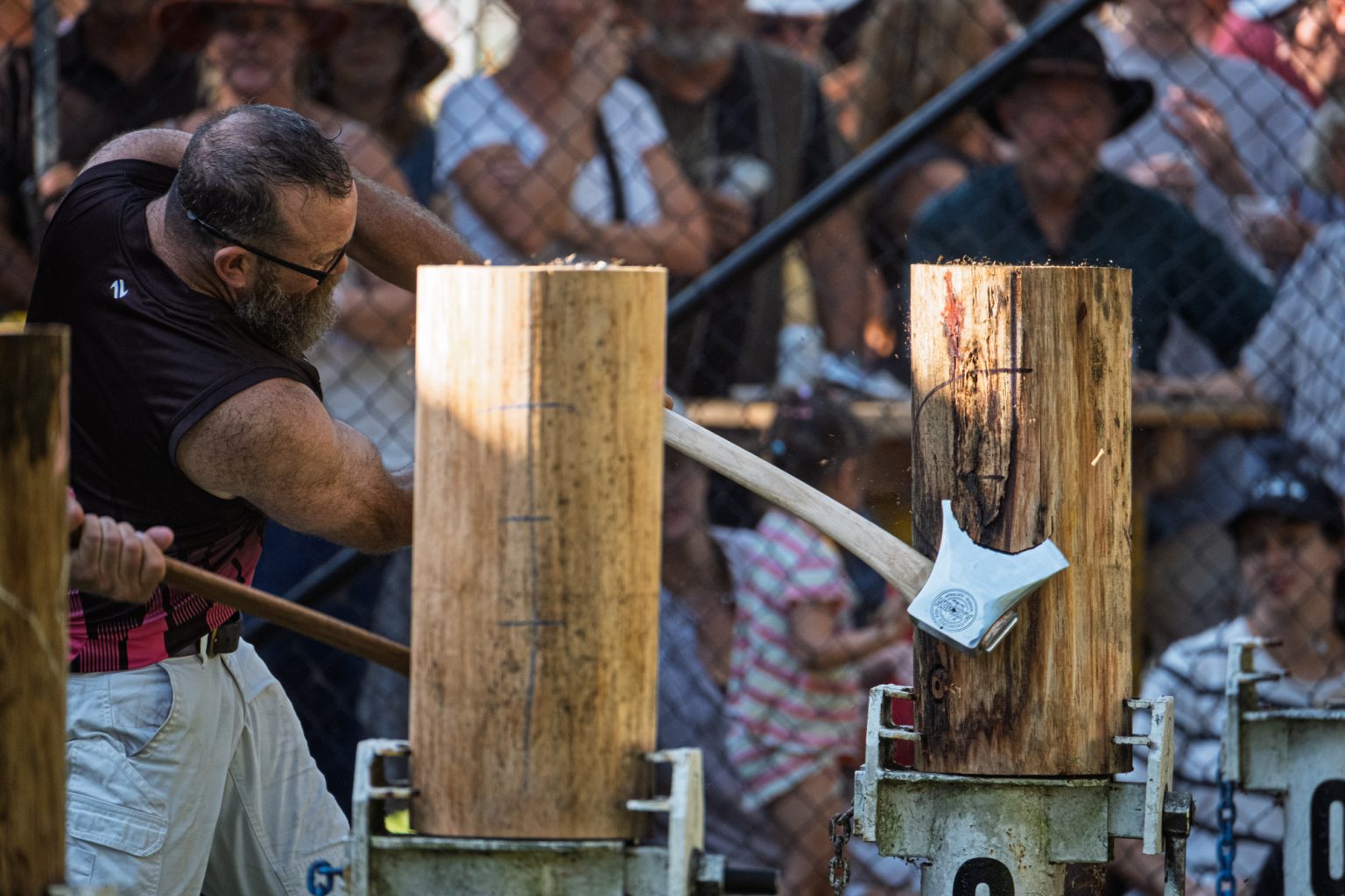 An axe biting into a standing block in front of a packed crowd