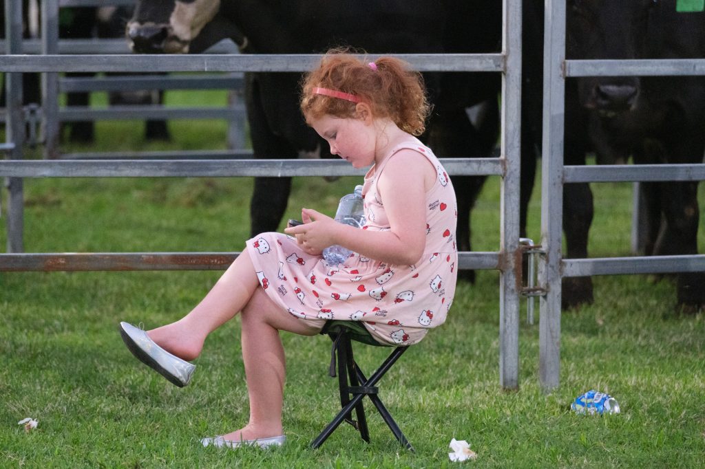 A girl in a party dress sitting on a stool by the rodeo yards