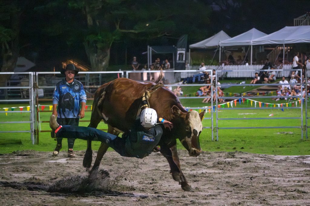 A rider hanging off the side of a bull