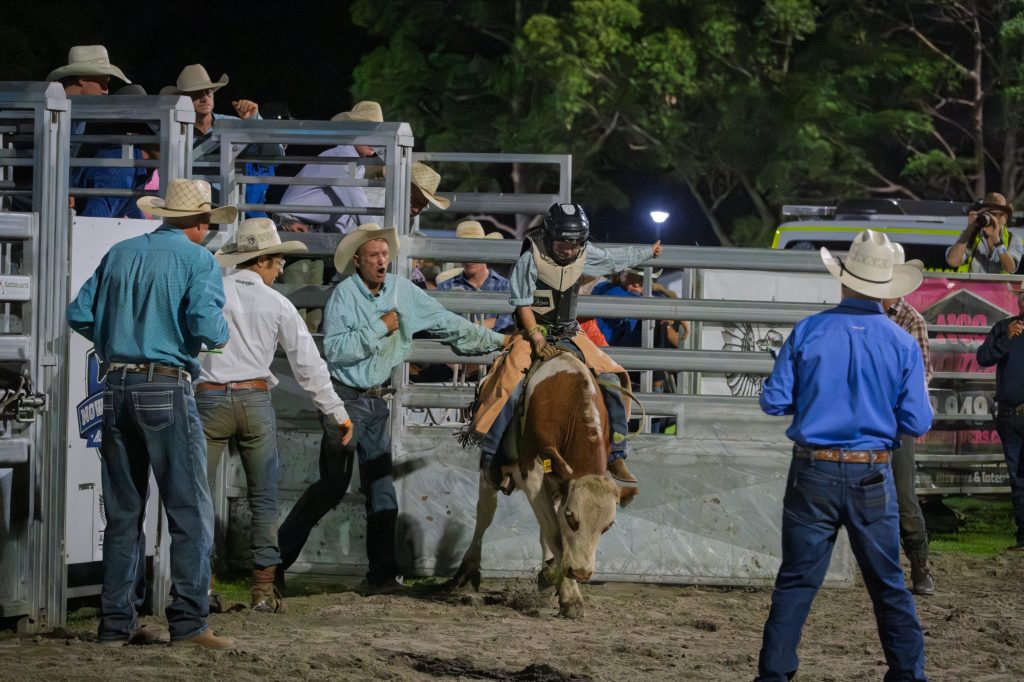 A young rider coming out of the chute