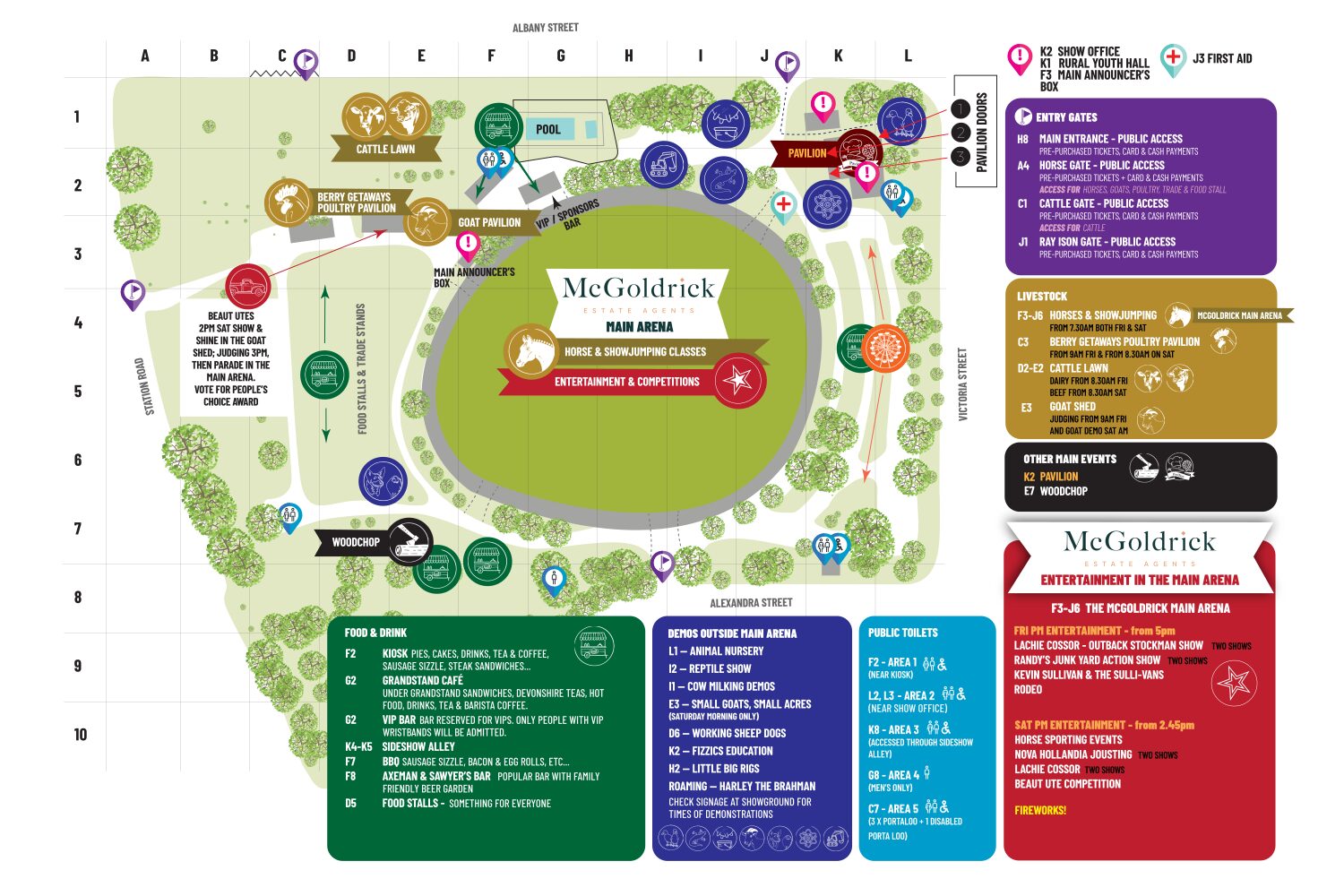 Map of the Berry Showground for the 2027 Show, with a grid, gates, rings, sheds, food and facilities