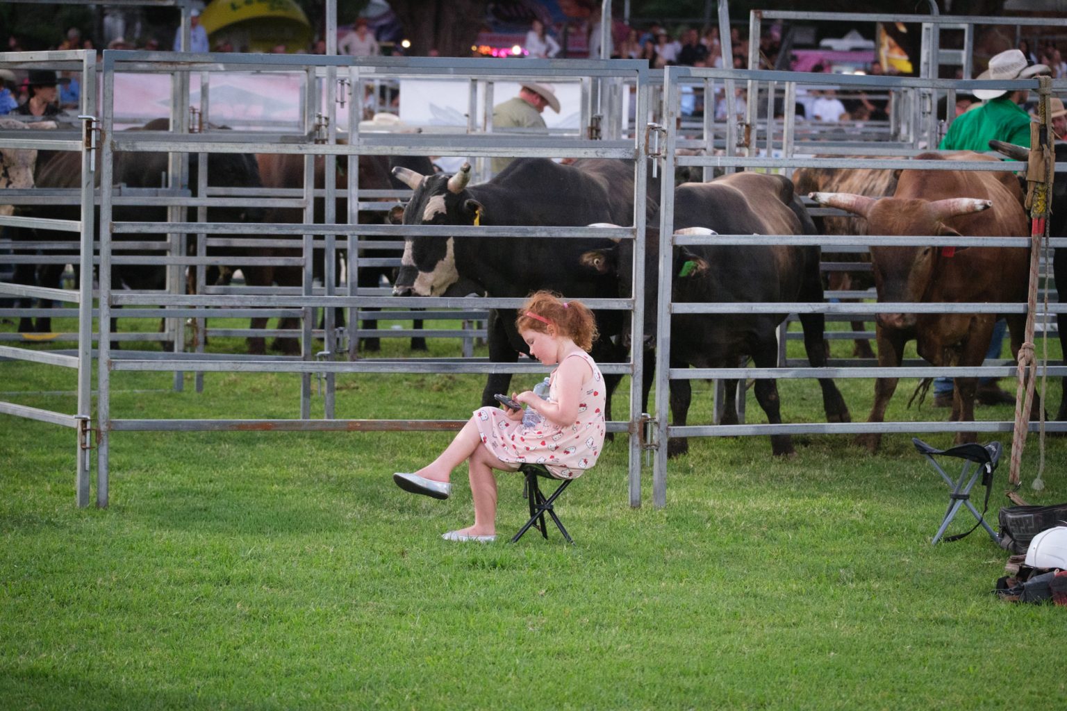 A girl sitting on a stool on the grass beside the cattle pens