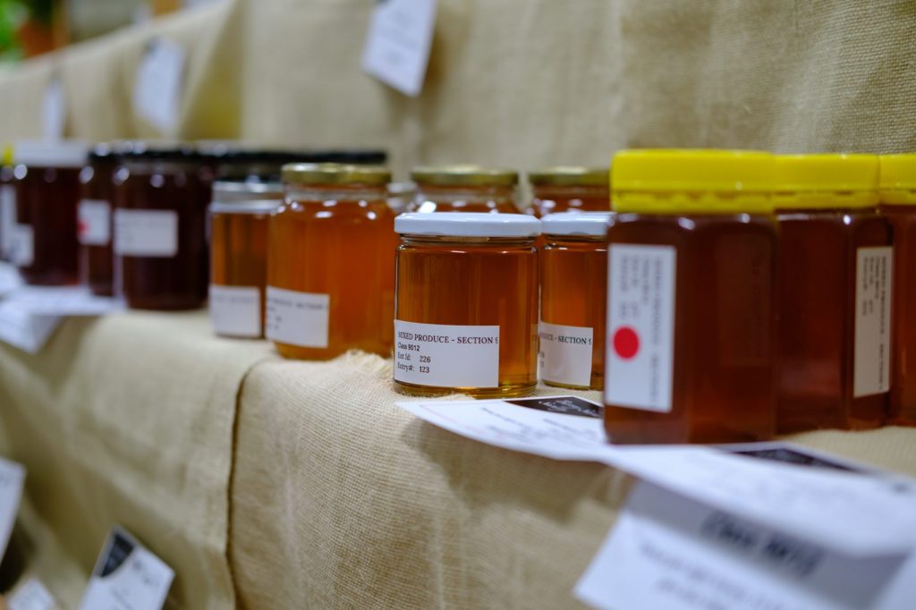 Jars of honey entered in the Pavilion produce section